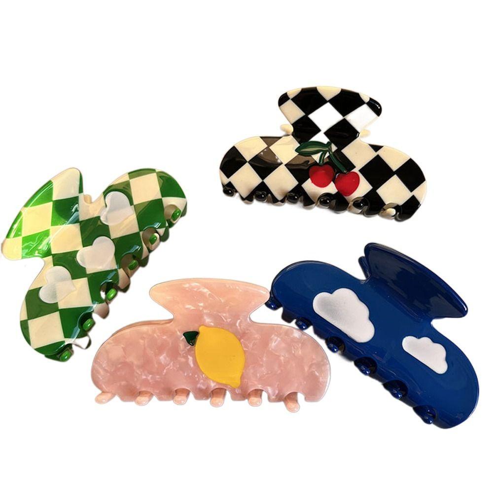 Needway Wanita Jepit Rambut Elegan Kartun Indah Hati Awan Ceri Papan Catur Asetat Aksesori Rambut Gaya Korea Hair Clip