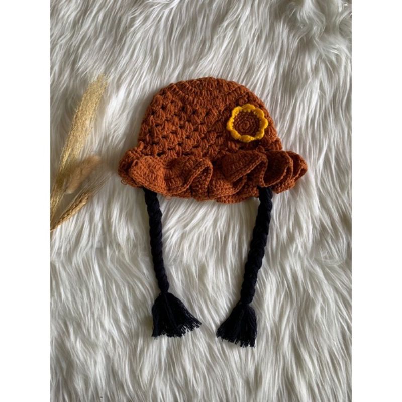 Topi Bayi Kupluk Wig Kepang Bunga Pita wig usia 6-24 Bulan