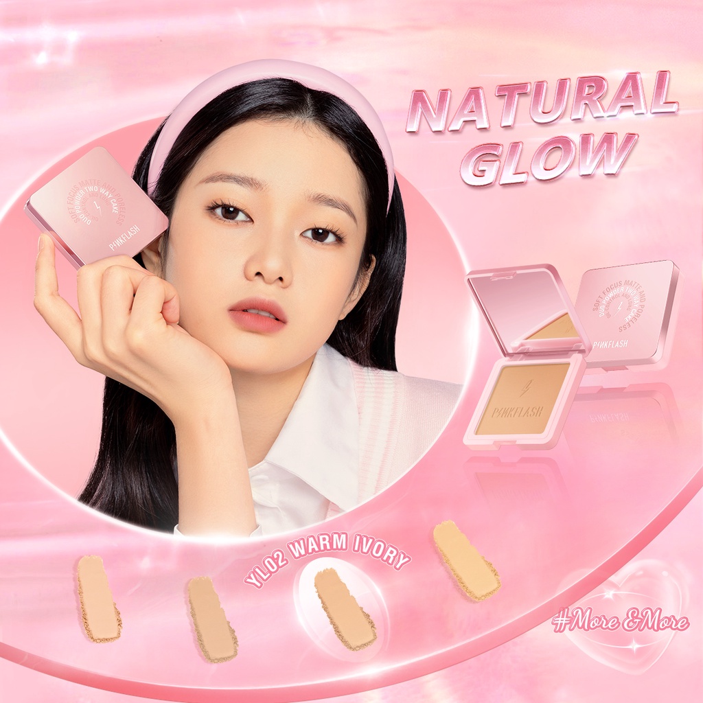 PINKFLASH More&amp;More Matte Bedak Padat Poreless Oil Control Pressed Powder Mattifying Flawless Two Way Powder UV Protection High Coverage Lightweight Face Makeup