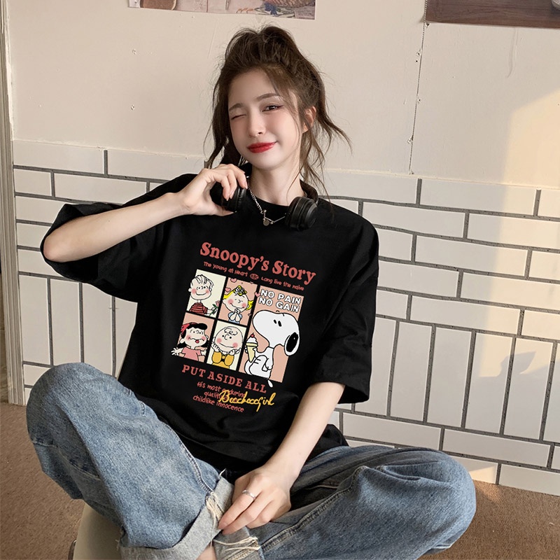 EUNII T-shirt Lengan Pendek Kartun Snoopy Pencetakan Longgar Korean Style/Kaos Atasan Wanita/Baju Kaus Oversize Wanita