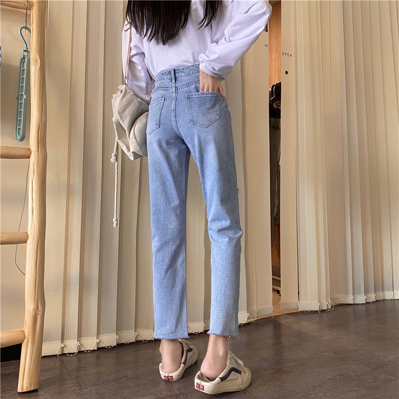 new biru muda highwaist import celana jeans wanita sobek