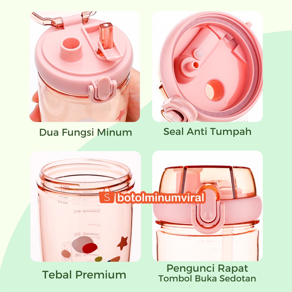 Botol Minum Anak Korea Sedotan 2 in 1 Tali BPA Free 650 ml Anti Tumpah Tebal Premium