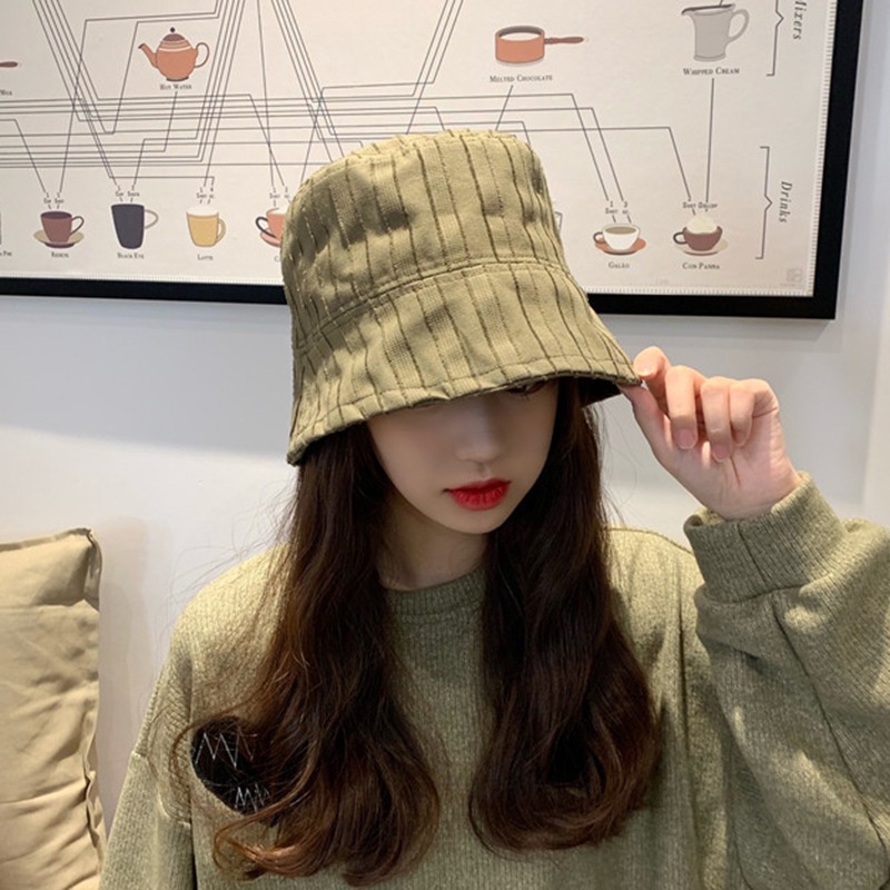 Topi Bucket Motif Garis Dua Sisi Gaya Kasual Untuk Wanita