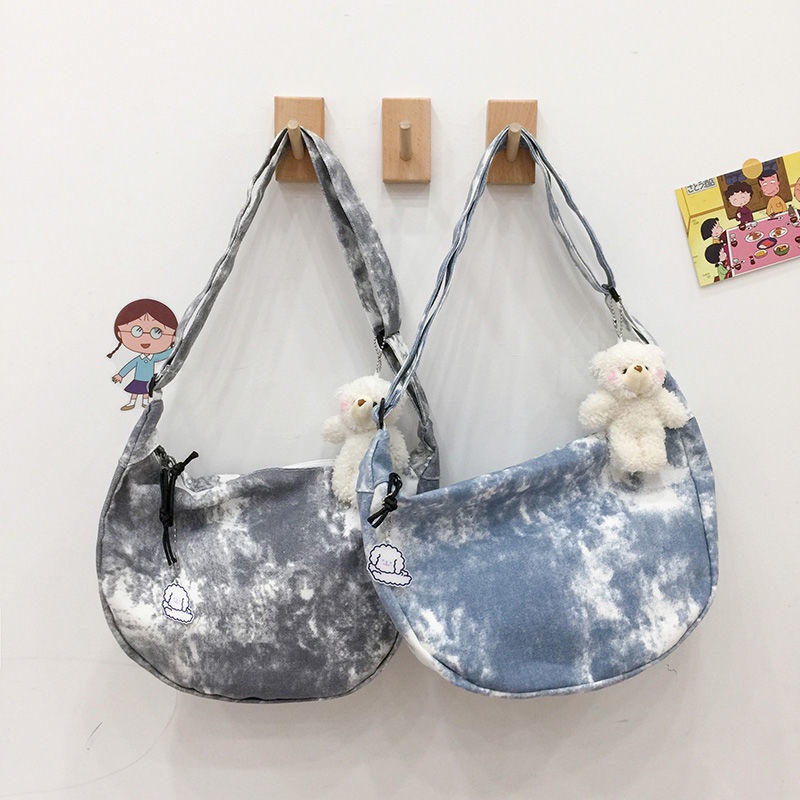 ◊Harajuku Jepang Chic Vintage Gadis Tie-Dye Lembut Gadis Tas Kanvas Versi Korea In Sederhana Messenger Tas Dumpling Bag