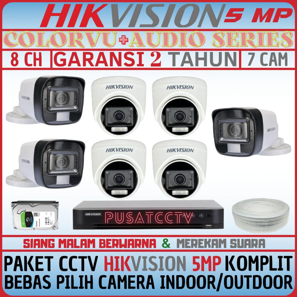 PAKET CCTV HIKVISION 5MP 8 CHANNEL 7 CAMERA TURBO HD KOMPLIT SIANG MALAM BERWARNA DAN REKAM SUARA
