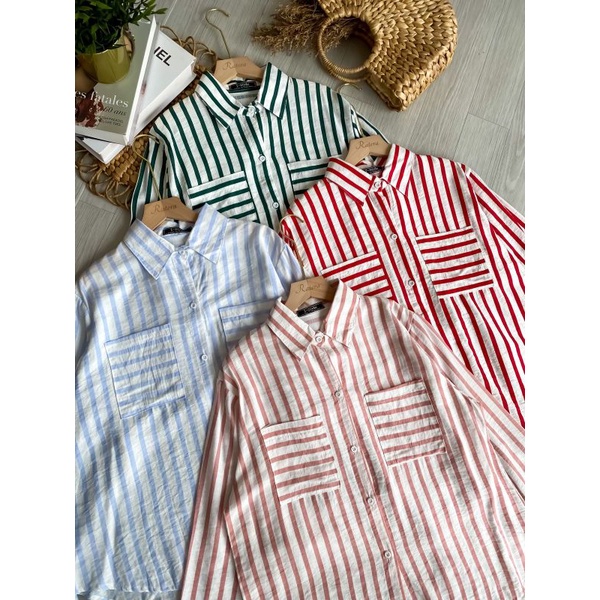 SAVANA SHIRT | BLOUSE ATASAN KEMEJA WANITA IMPORT MOTIF STRIPE GARIS