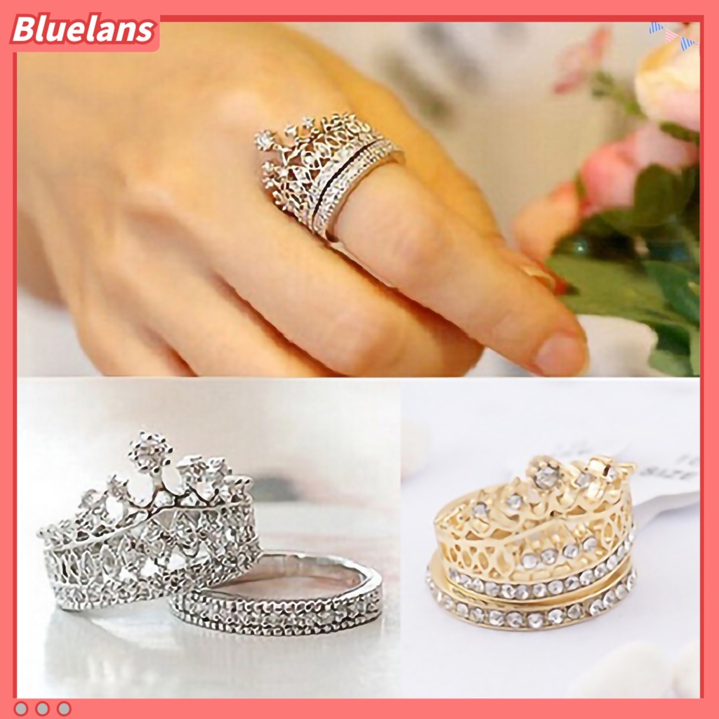 Bluelans 2Pcs / Set Cincin Bentuk Mahkota Aksen Berlian Imitasi Bahan Alloy Untuk Wanita