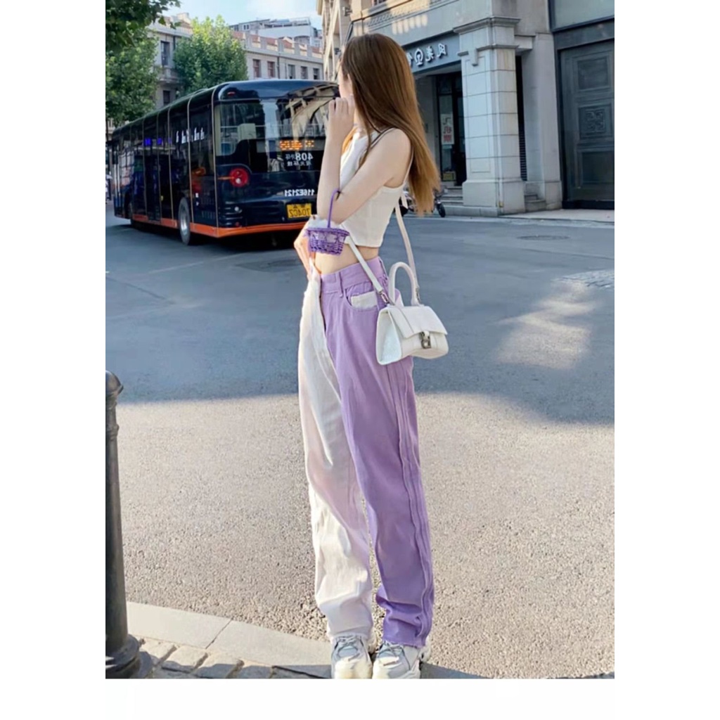 American high street hot girl ungu dan putih musim panas jahitan desain jins celana ceruk wanita sem