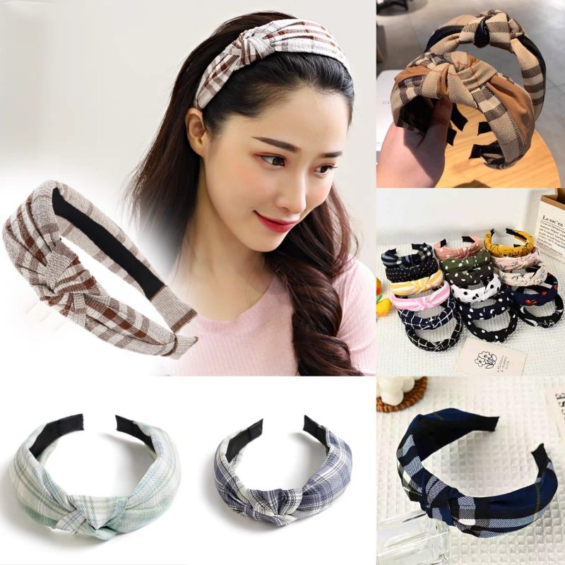 Bando Bandana Wanita Korean Style Motif Kotak Stripe Flanel Aksesoris Rambut Wanita Bando Wanita Import Flanel Cross Headband