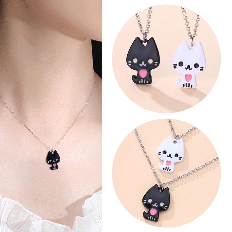 2pcs / Set Kalung Choker Liontin Kucing Enamel Hias Mutiara Untuk Wanita