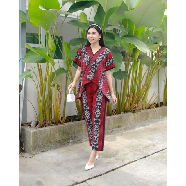 set baju tenun wanita - set blus celana wanita tenun - setelan wanita tenun blangket - fashion wanit