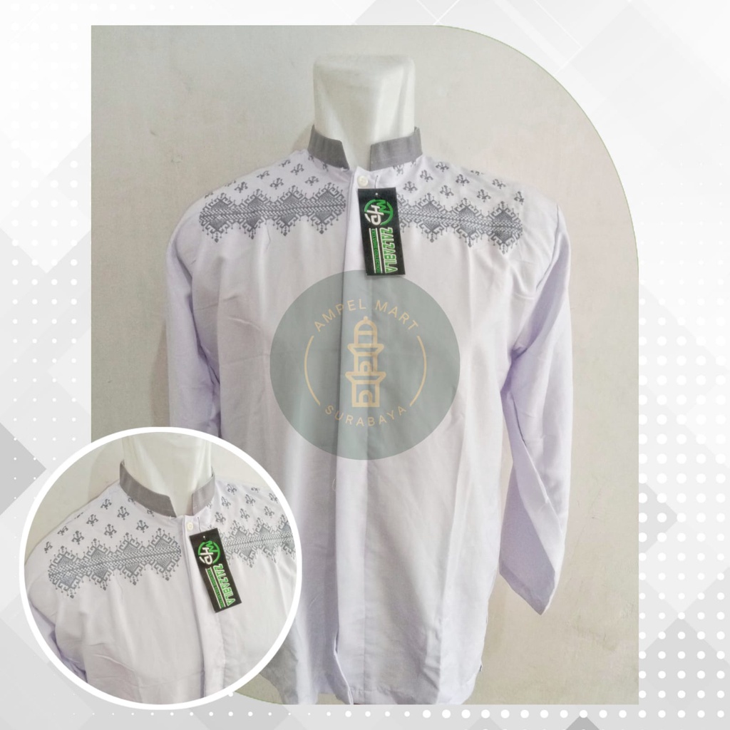 Baju Koko Murah Putih Polos Baju Koko Lengan Panjang Putih Motif Dada Baju Koko Pria Kemeja Pria - Zalzabilla