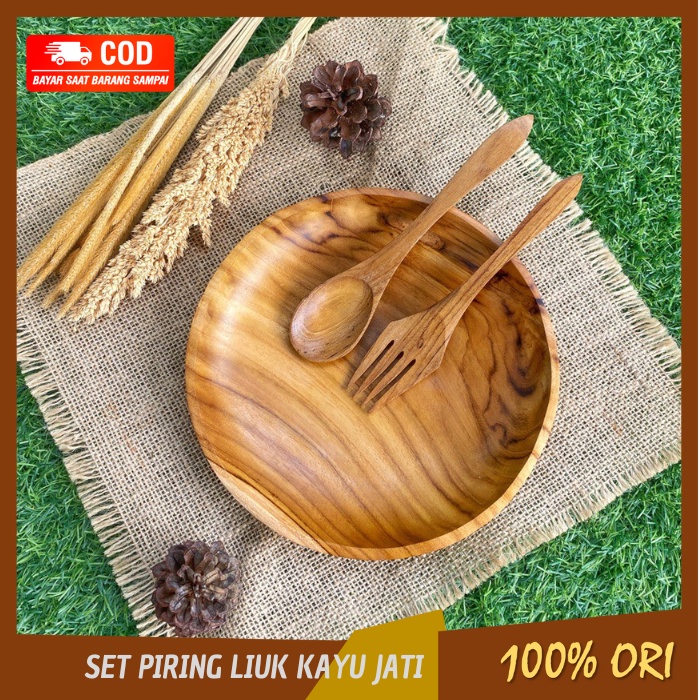 PIRING MAKAN SET KAYU MAHONI KAYU JATI LENGKAP SENDOK GARPU PIRING KAYU AESTHETIC PIRING ANAK PIRING