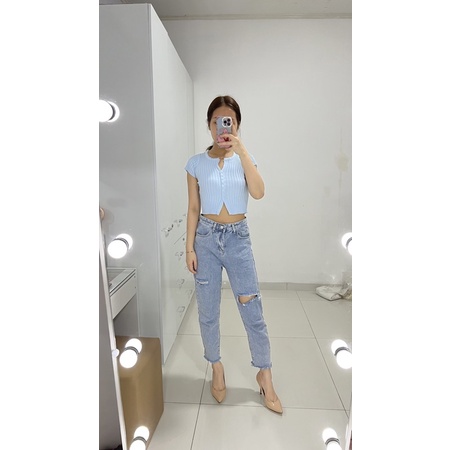 blue knit top