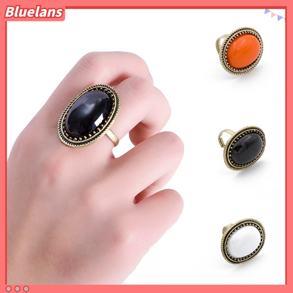 Bluelans Ring Adjustable Big Oval Inlaid Alloy Natural Gem Stone Ring