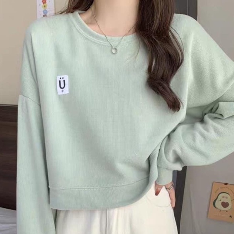 Sweater Crop Wanita Give U Smile  - Korean Sweatshirt Basic U Crope