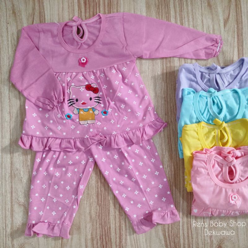 Setelan baju tidur babydoll sleepwear muslim panjang salur pussy cat / hello kitty anak perempuan cewek katun bordir