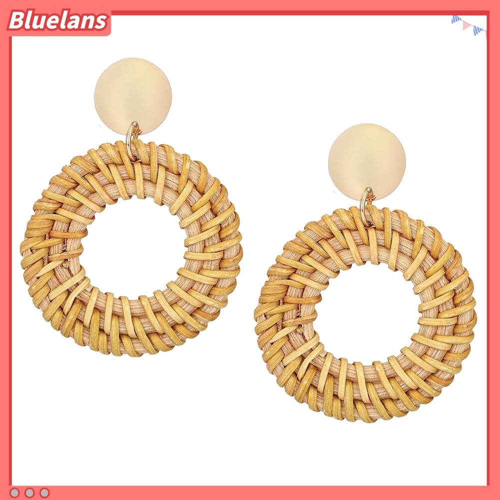 Anting Stud Bentuk Lingkaran Bahan Rotan Gaya Bohemian Untuk Wanita