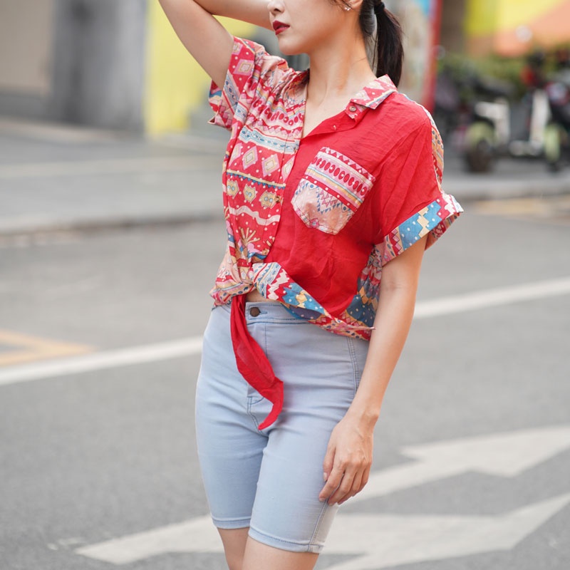 KEMEJA WANITA 2022 BARU CHIFFON TEMPERAMENT SPLICING POCKET TREND SHIRTS KEMEJA MOTIF WANITA KEMEJA POLOS