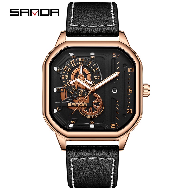 SANDA 7038 Jam Tangan Pria Analog Chronograph Tali Kulit Luminous Display WATCHKITE WKOS