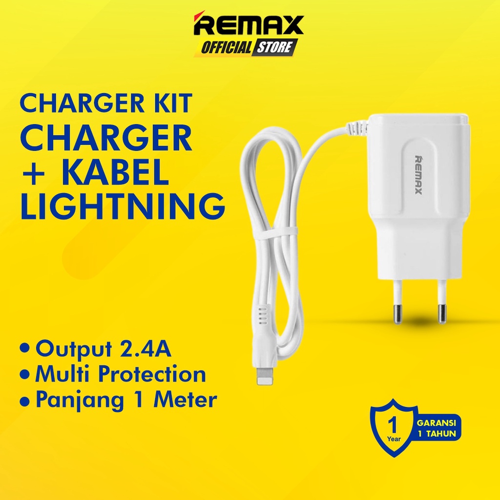 Remax Charger Adapter 2 Port USB + Built In Kabel Lightning iPhone 2.4A RP-U22PRO-I