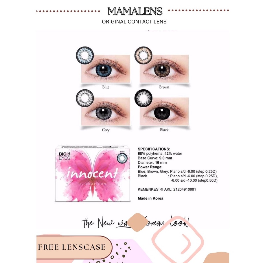 SOFTLENS X2 INNOCENT BIGEYES NORMAL &amp; MINUS -0.50 SD -3.00 + FREELENSCASE - MAMALENS