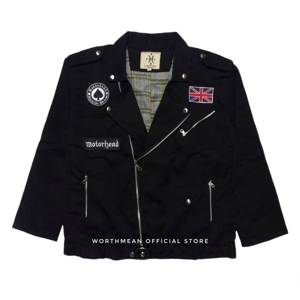 WORTHMEAN JAKET DOUBLE KERAH BLACK VEST COLLAR PUNK MOTORHEAD DENIM + 3 EMBLEM JAKET PRIA JAKET MOTO