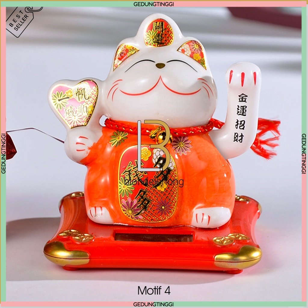 Patung Pajangan Boneka Dekorasi Lucky Cat Maneki Neko Maneko Neki Kalung Kucing Panggil Hoki Keberuntungan Rejeki Rezeki Keramik Cahaya Solar Non Baterai Batre Batrai Tangan Goyang Gerak Dashboard Mobil Toko Kasir Cafe Kecil Mini Lucu Cina Jepang Murah