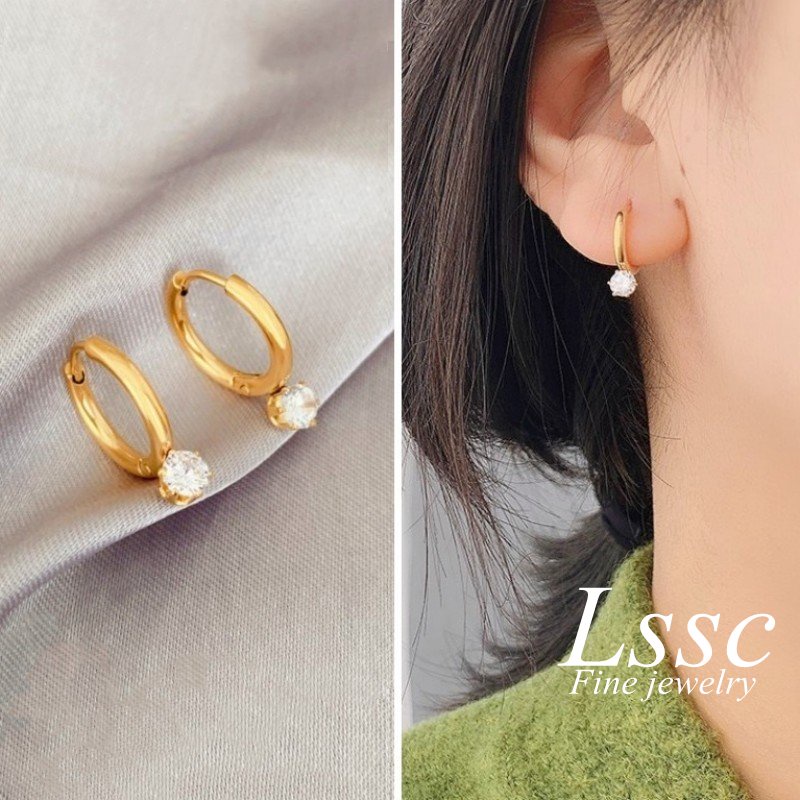 Anting Titanium Anti Karat Korea Permata Satu Emas 18K Mewah Aksesoris Perhiasan Wanita