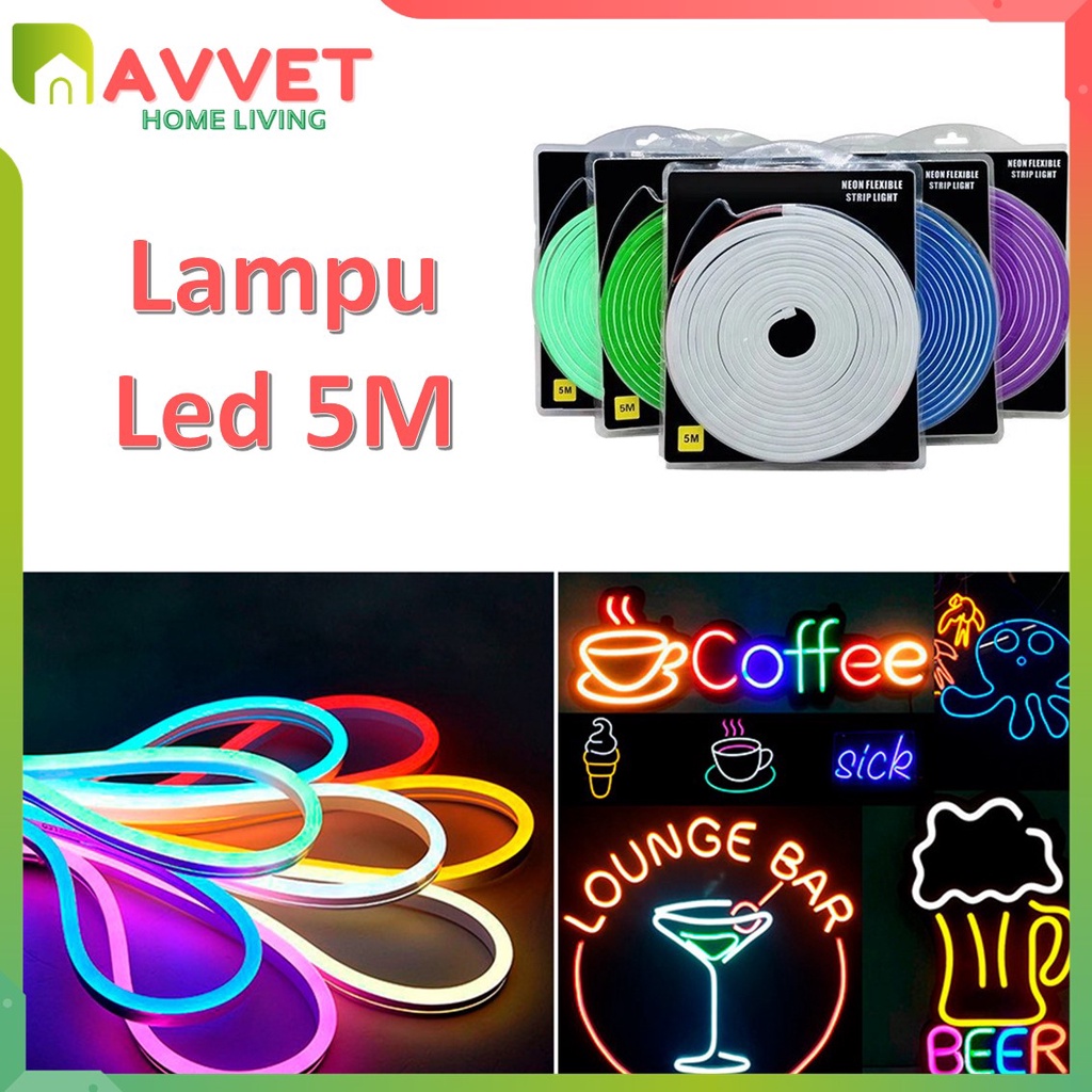 AVVET Lampu Neon Flex LED Strip Selang Panjang 5M DC 12V Waterproof DIY Plafon Ceiling Indoor 4.5M Lampu Dekorasi Cafe Rumah Kamar Dapur Ruang Tamu Murah Import