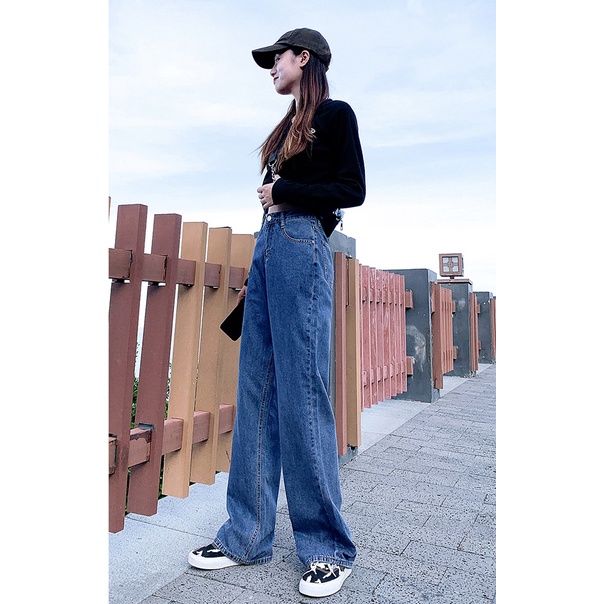 Biru laut Import Highwaist Loose Lebarkaki Celana Jeans Panjang Wanita