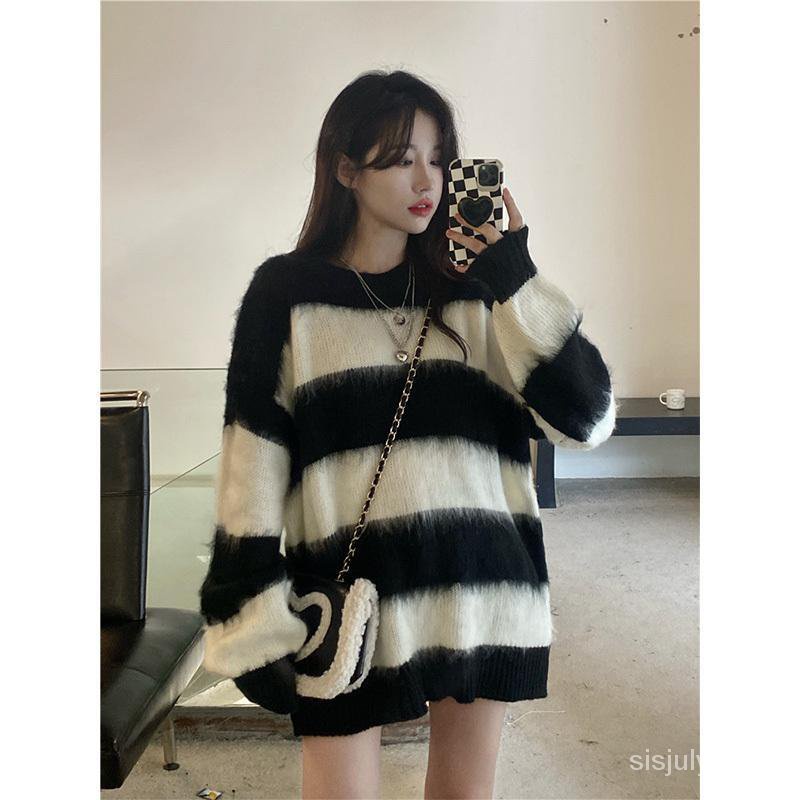 #Sisjuly# Jumper bergaris bulu retro mink fleece bergaris wanita atasan rajutan mid-length wanita mu