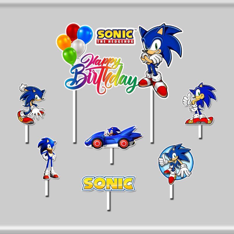 isi 7 cake topper hiasan kue ulang tahun karakter Super Sonic the Hedgehog
