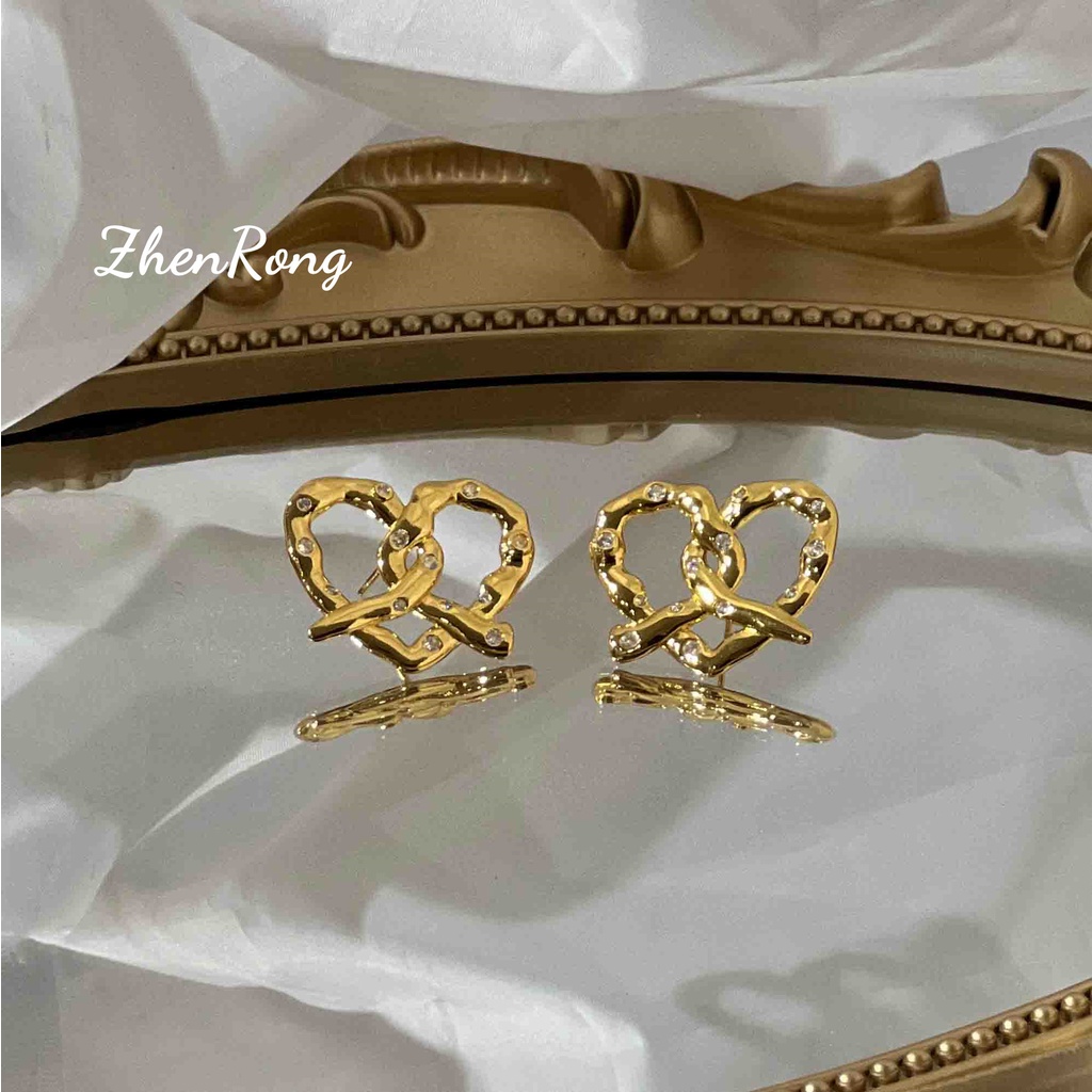 Goldkingdom Fashion Perhiasan Emas Asli Kadar 375 Bangkok Aksesoris Ready Stock French Vintage Earrings Bray Knot Bertatahkan Berlian Hati Kepribadian Klavikula Rantai