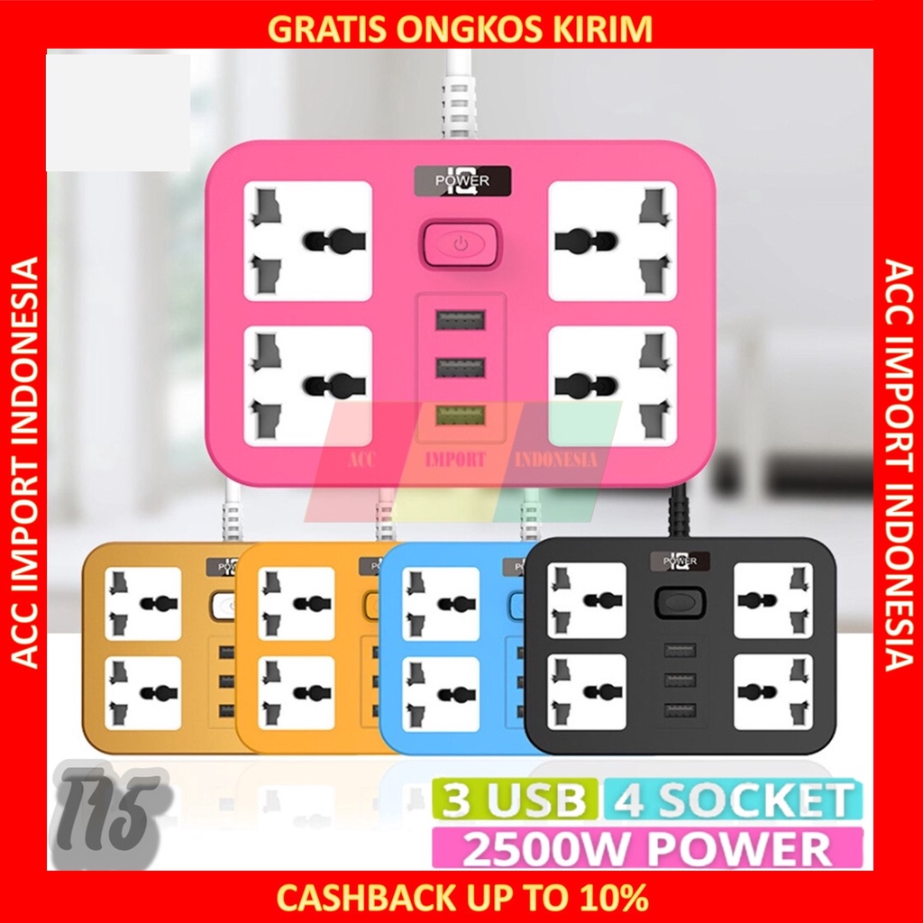 Stop Kontak Colokan Listrik 4 Socket 3 Port USB Pink Strip 2.1A 2500W