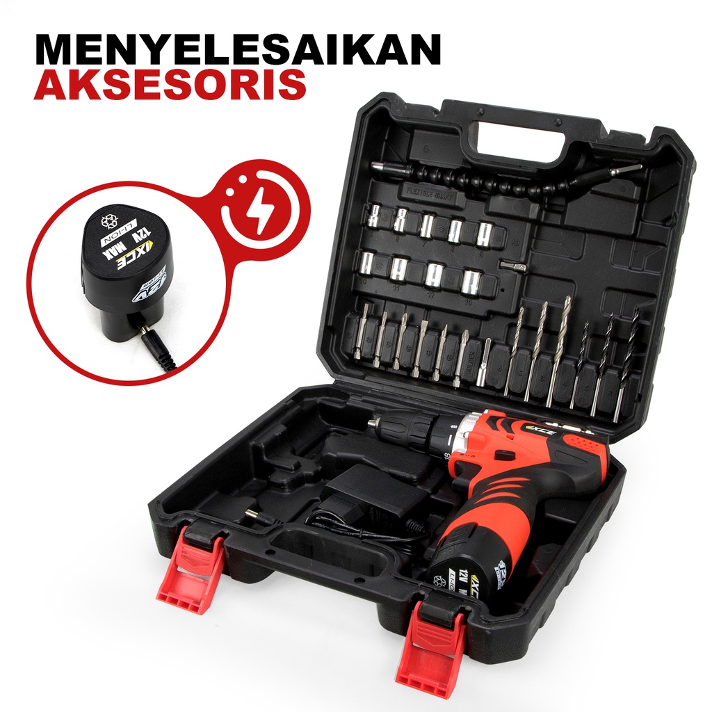 IXCE bor listrik Bor tanpa kabel 12V Isi ulang 30NM 1500rpm Pegangan anti selip Kit alat Battery impact drill Impact Cordless Electric Drill