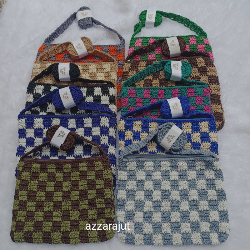 checkered sling bag crocket/ tas rajut papan catur/ tas rajut selempang/ tas rajut cantik
