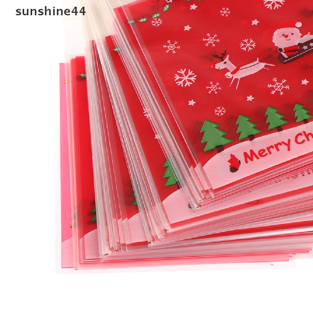 Sunshine 100Pcs 10X10Cm Kantong Plastik Permen / Kue Natal Dengan Perekat