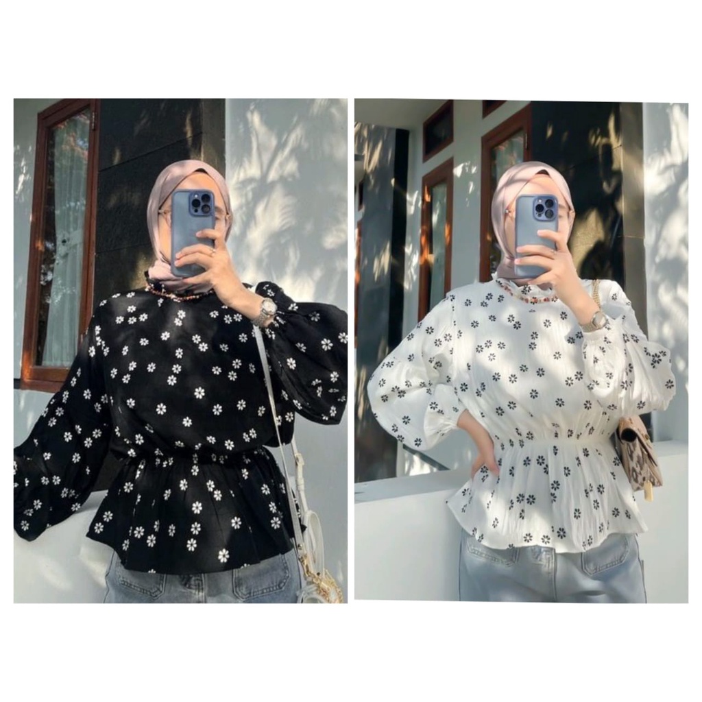 HUM - ZFS OOTD Atasan Blus Karet Smock Pinggang Motif Kembang / BYTHA Shakila Floral Blouse / Baju W