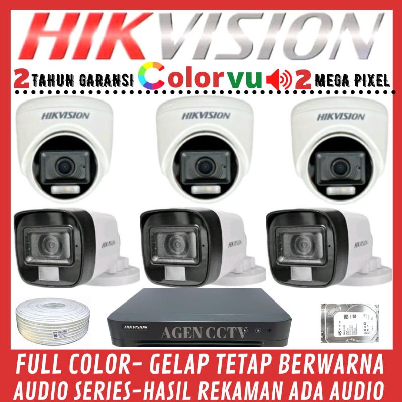 PAKET CCTV HIKVISION COLORVU 2MP 8 CHANNEL 6 KAMERA AUDIO FULL COLOR