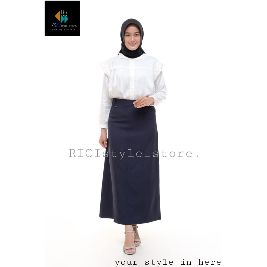 ELMEZZ - Rok Kerja Formal Wanita Klok A Resleting Samping Warna Navy