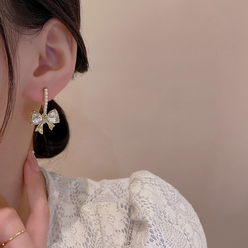 Anting Tusuk Sterling silver 925 Desain Pita Hias Berlian Imitasi Mewah Untuk Wanita