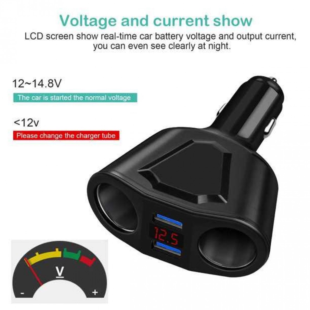 Charger Mobil 3.1A dengan Monitor Voltage dan 2 Cigarette Socket