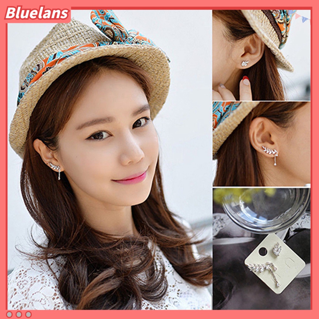 Bluelans Anting Tusuk Gantung Asimetris Desain Daun Hias Berlian Imitasi Anti Karat Untuk Wanita