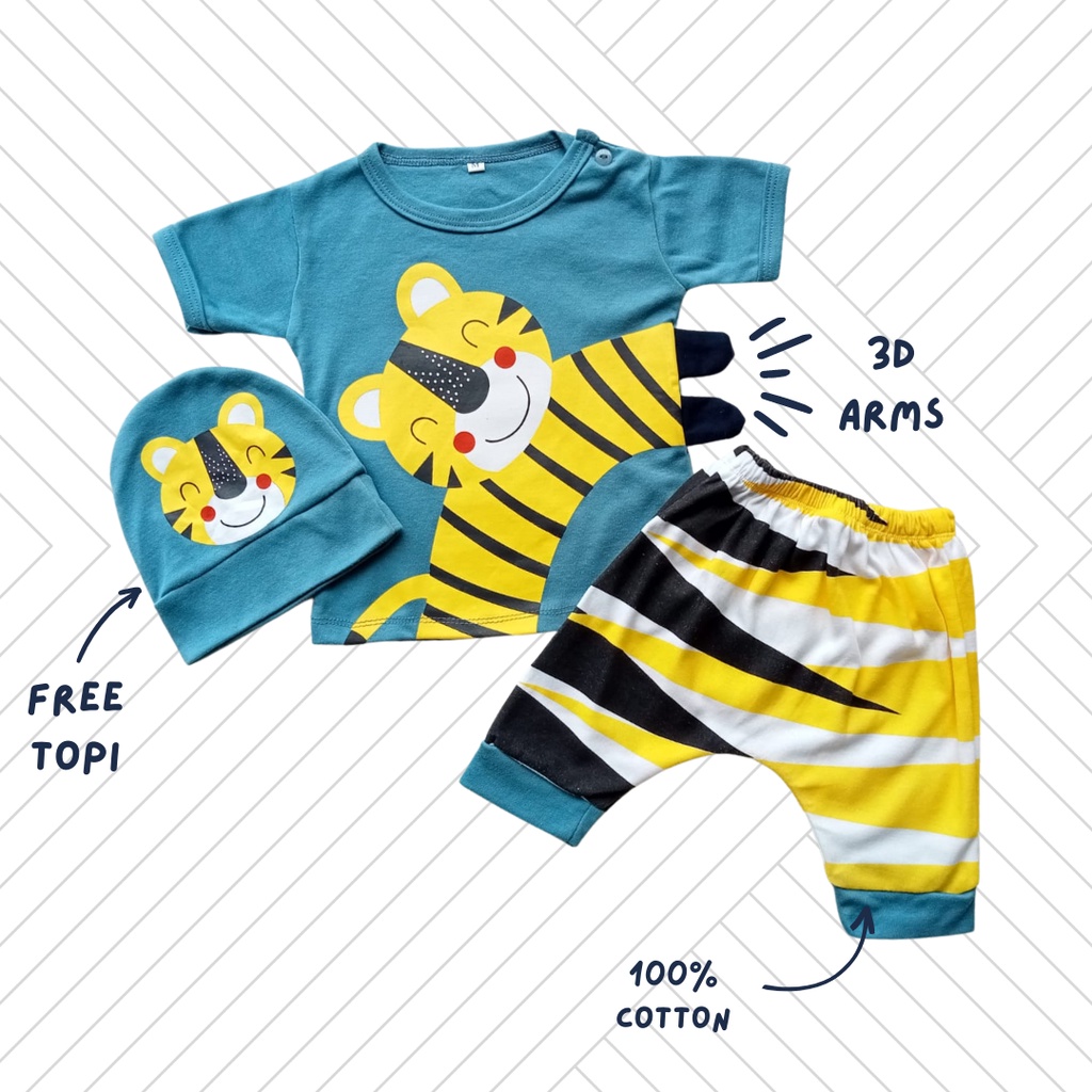 setelan anak laki laki baju anak bayi cowok 1 2 tahun 0 12 24 bulan setelan baju anak balita free topi TIGER tee set