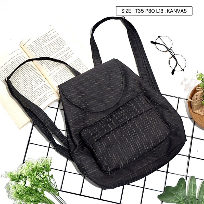 Bayar di Tempat COD Tas Ransel Serut Bahan Kanvas KANTONG Depan Ukuran Medium tas punggung wanita-Warna 690