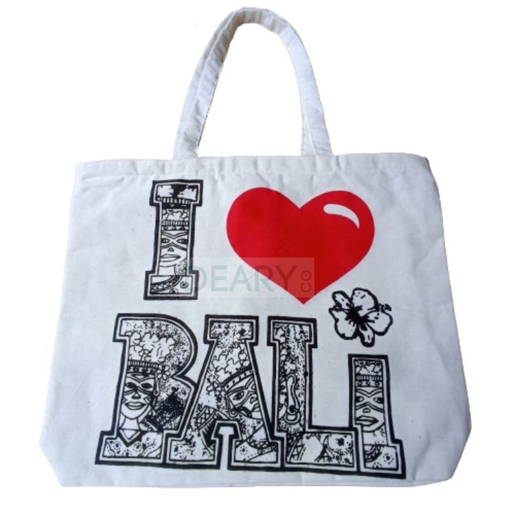 TOTE BAG CANVAS WARNA NATURAL WHITE MOTIF KHAS BALI UKURAN 44CM X 32CM