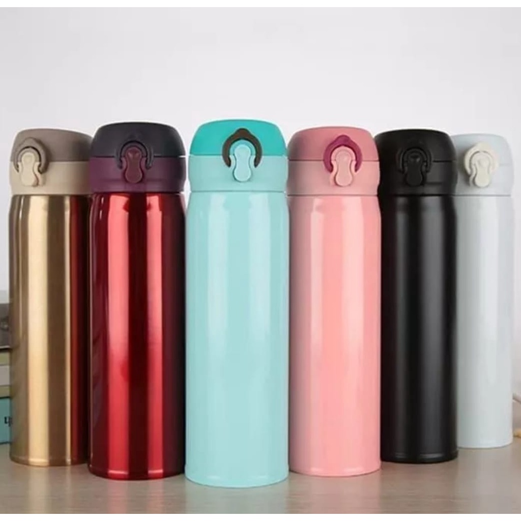 Termos Air Panas 500ml Model kancing stainless Steel-Thermos Kecil Termos Mini Vacuum Clip On Bahan Stenlis Anti Karat-Tumbler stenlis Air Panas Dan Dingin Kuat Tahan Lama-Termos Model Kancing Smart Lock Opener Tahan 24 Jam