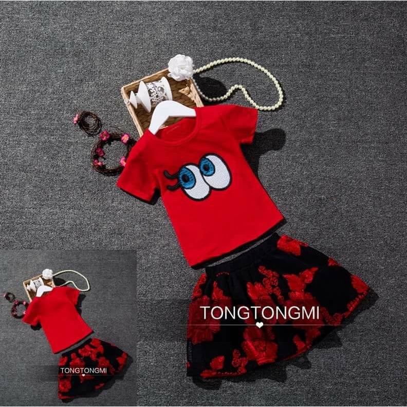 Setelan Anak Perempuan Import Kaos Manik timbul Rok Bordir