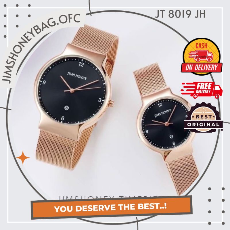 JAM TANGAN 8019 JIMS HONEY ANALOG COUPLE CEWEK COWOK STAINLESS RANTAI MEWAH BRANDED IMPORT HITS KORE